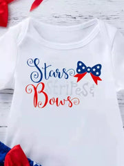 White baby bodysuit with Stars & Bows patriotic graphic and red bow detail.