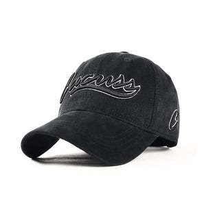 Black distressed cotton baseball cap with embroidered script logo and side detail