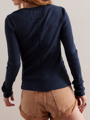 Dark Navy ribbed button-up second-skin top with raw seam detail and patch accent.