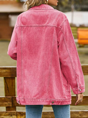 Relaxed fit trucker jacket in hot pink washed denim with button details.