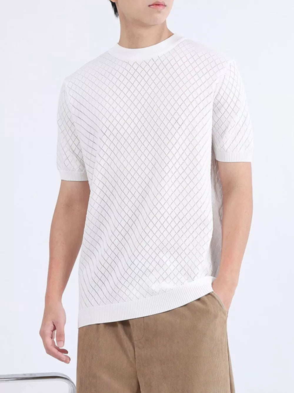 Men's white diamond knit short sleeve tee with a crew neck.