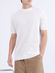Men's white diamond knit short sleeve tee with a crew neck.