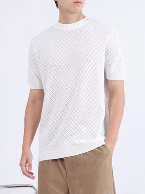 Men's white diamond knit short sleeve tee with a crew neck.