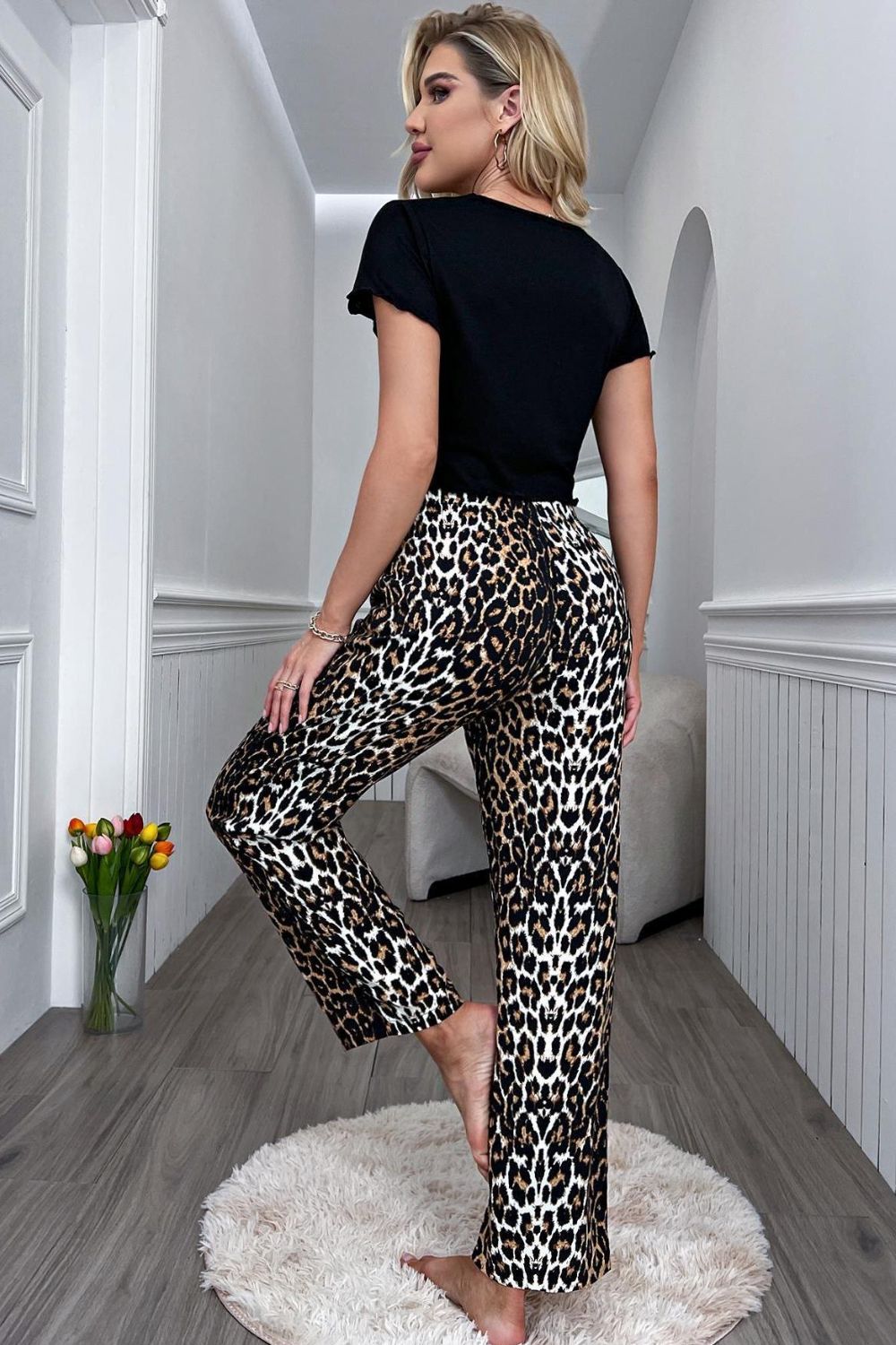 Leopard print wide leg lounge pants with a black crop tee.