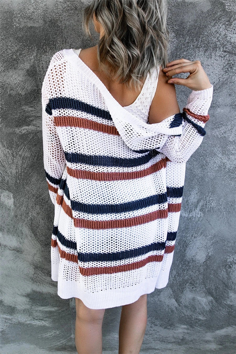 White open-knit duster cardigan with horizontal navy and rust stripes, featuring a hood.