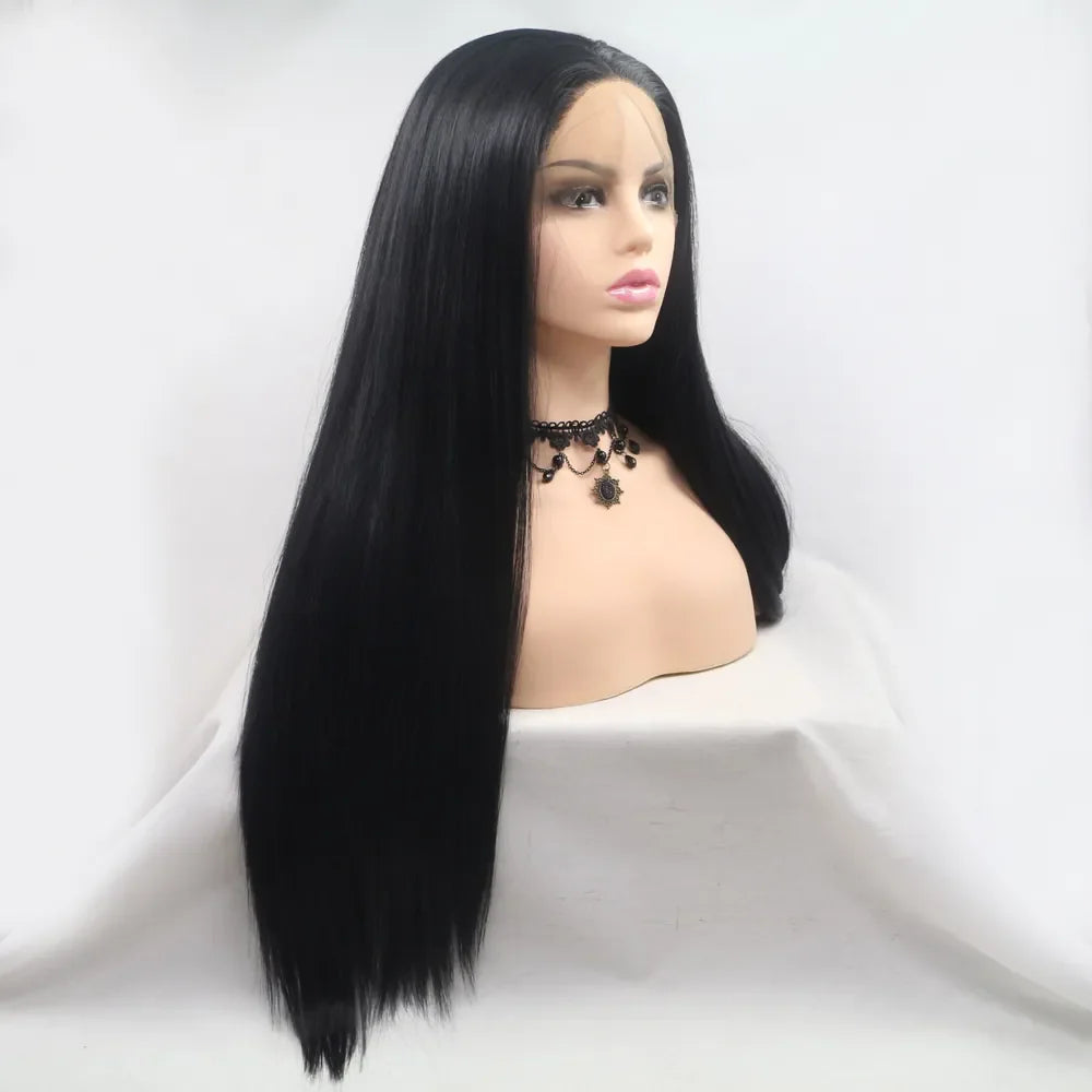 Glossy black straight lace front wig with a natural hairline on a mannequin bust.