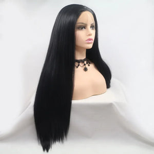 Glossy black straight lace front wig with a natural hairline on a mannequin bust.