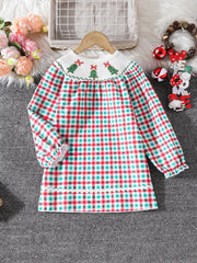 Festive girls' multicolor plaid dress with embroidered Christmas trees on the smocked collar and ruffled cuffs.