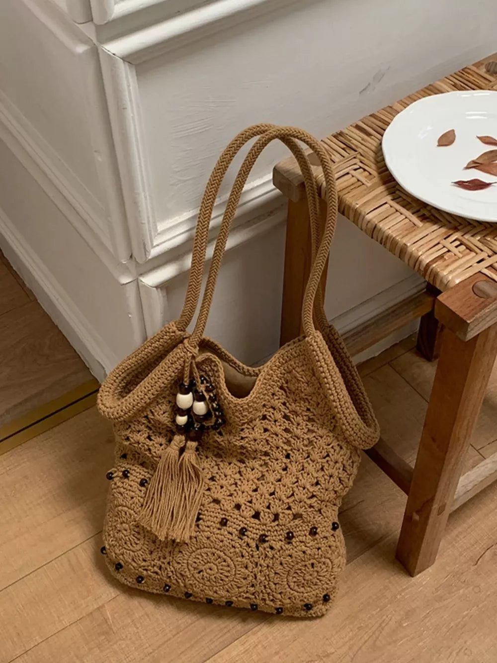 Knit Crochet Handbag in Brown, side view