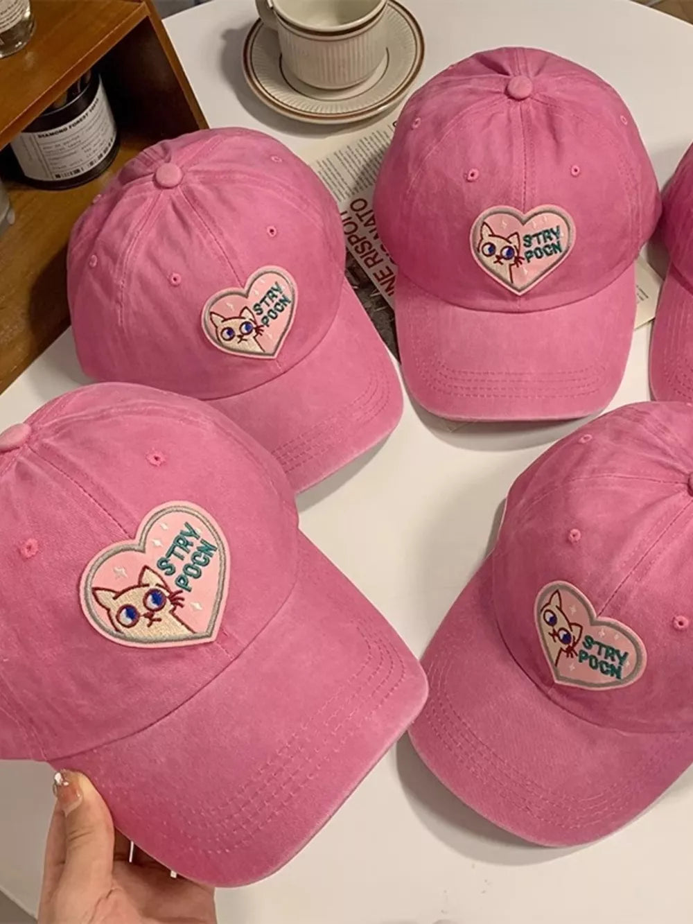 Heart Cat Baseball Cap Blush Pink, model styling view