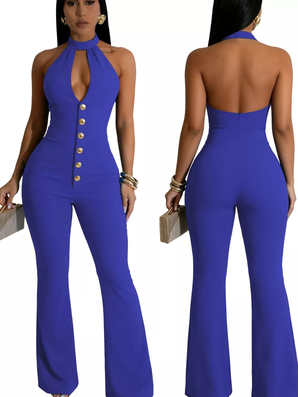 Blue halter cut-out jumpsuit with gold buttons and flare legs