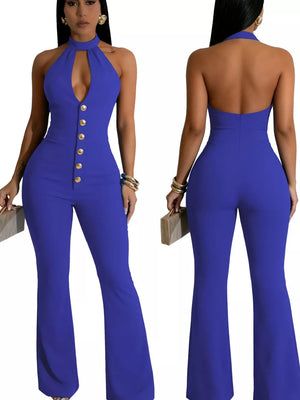 Blue halter cut-out jumpsuit with gold buttons and flare legs