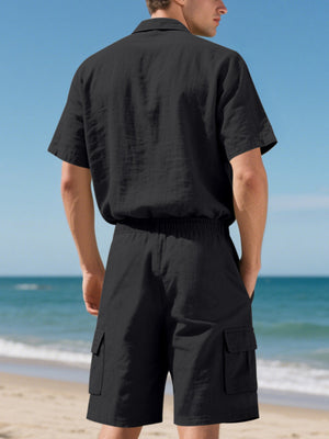 Black relaxed-fit button-up shirt and drawstring cargo shorts set for men.