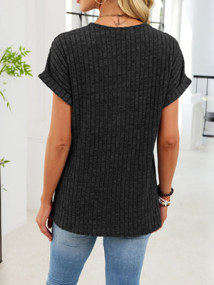 Black ribbed knit v-neck t-shirt with buttons and cuffed short sleeves