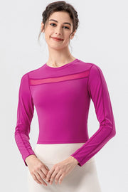 Red-Violet mesh panel performance crop top with long sleeves and crew neck.