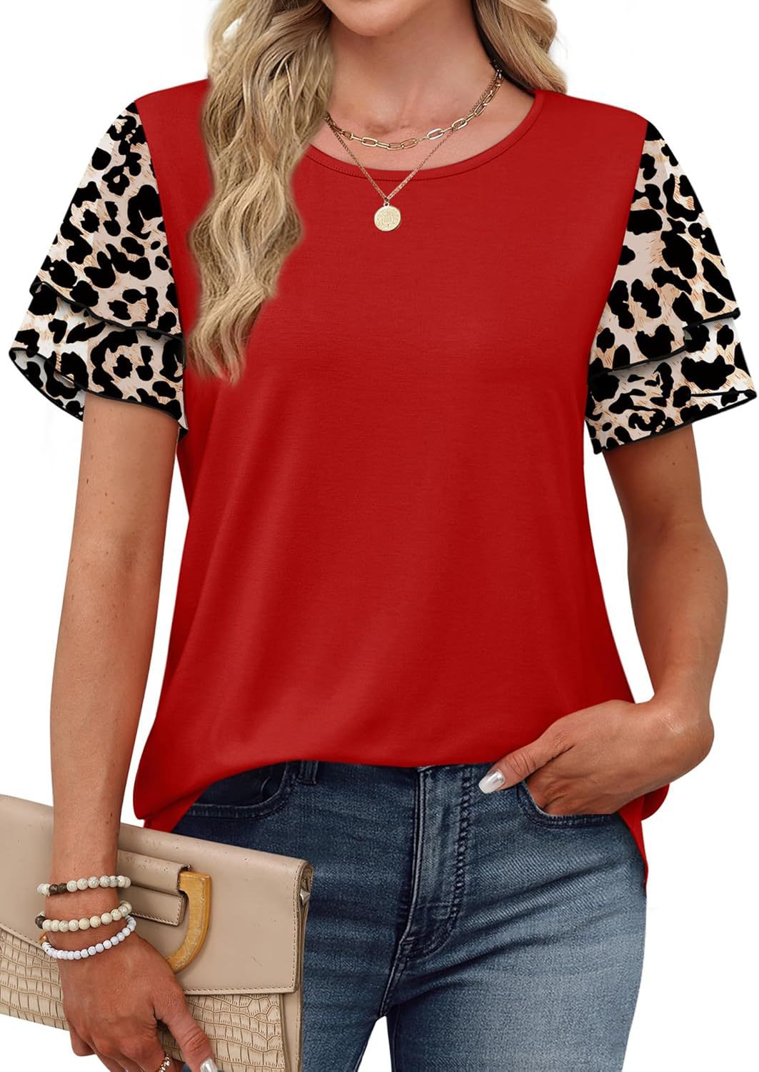 Red t-shirt with layered animal print short sleeves and a round neckline.