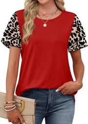 Red t-shirt with layered animal print short sleeves and a round neckline.