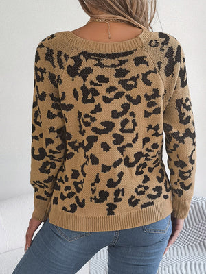 Leopard print acrylic sweater in Khaki with button detail and crew neck.