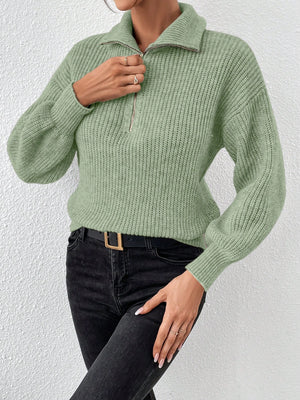 Matcha green ribbed zip-up sweater with a pointed collar and balloon sleeves.