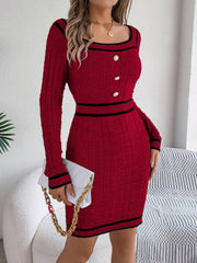 Burgundy ribbed knit bodycon dress with square neckline, button front, and black trim.