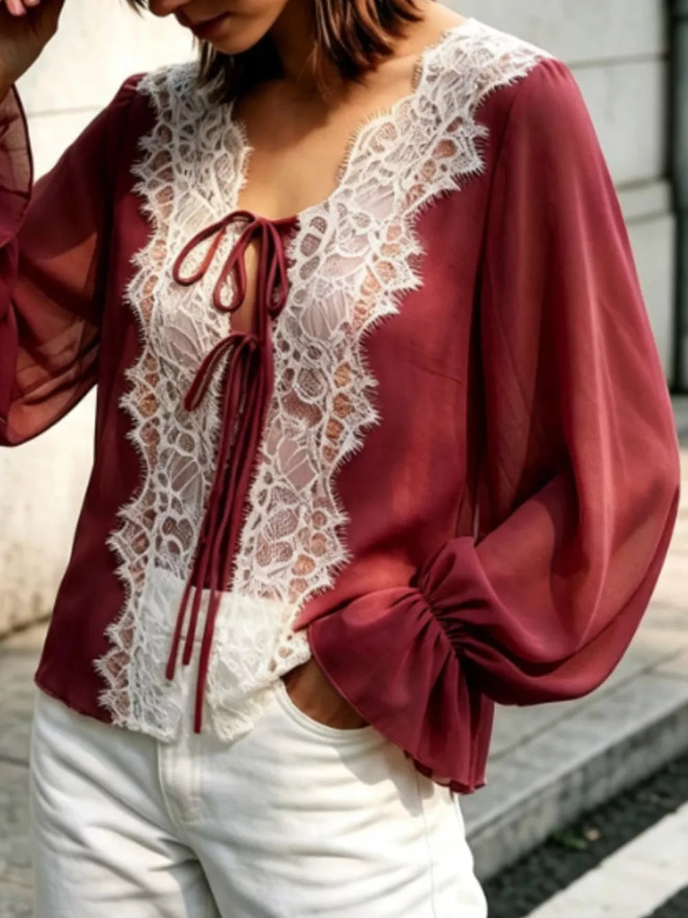 Sheer Lace-trimmed Front Tie Blouse in Khaki, view 13