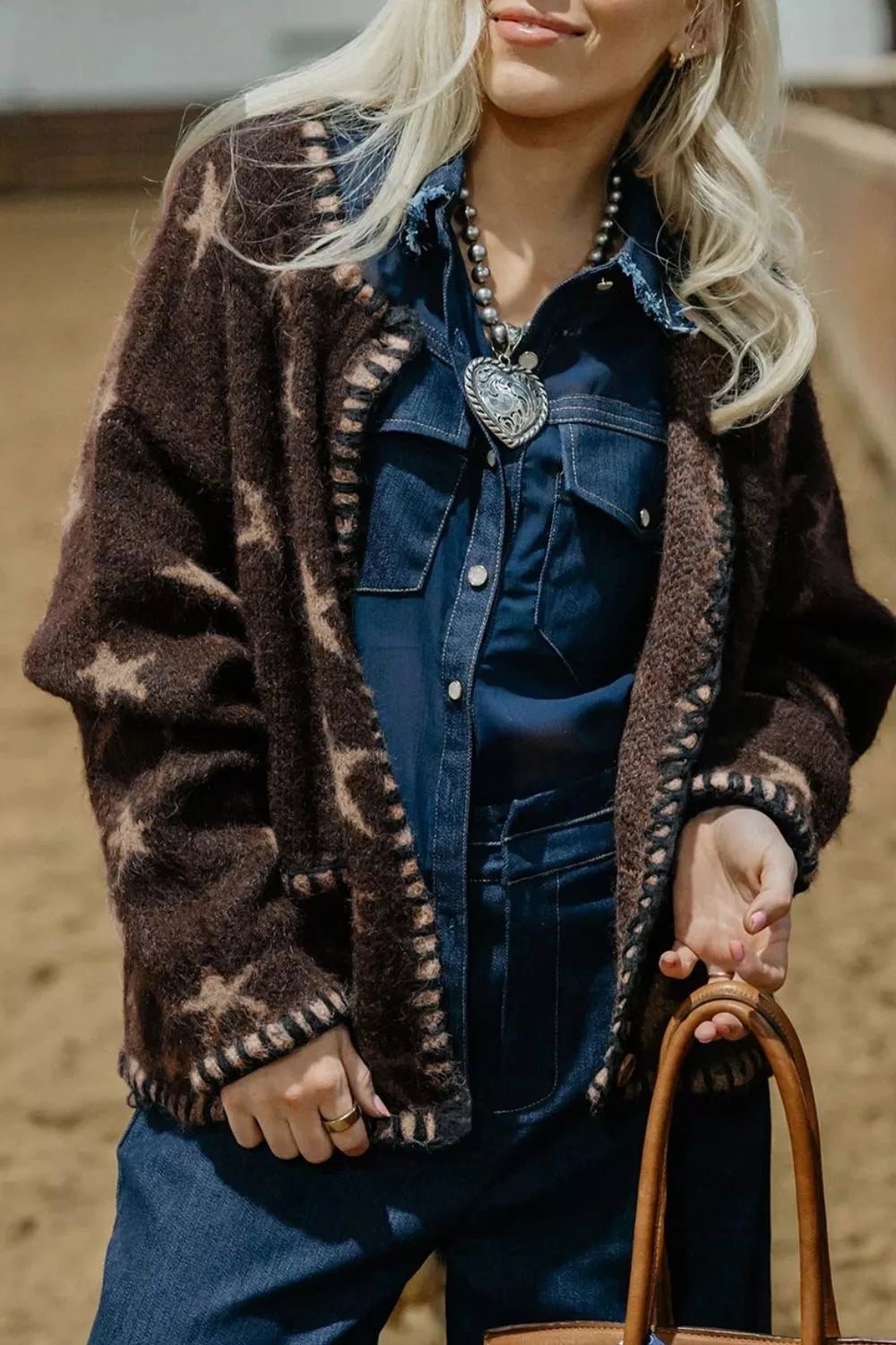 Stars Pattern Colorblock Long Sleeve Cardigan in Coffee Brown, model styling view