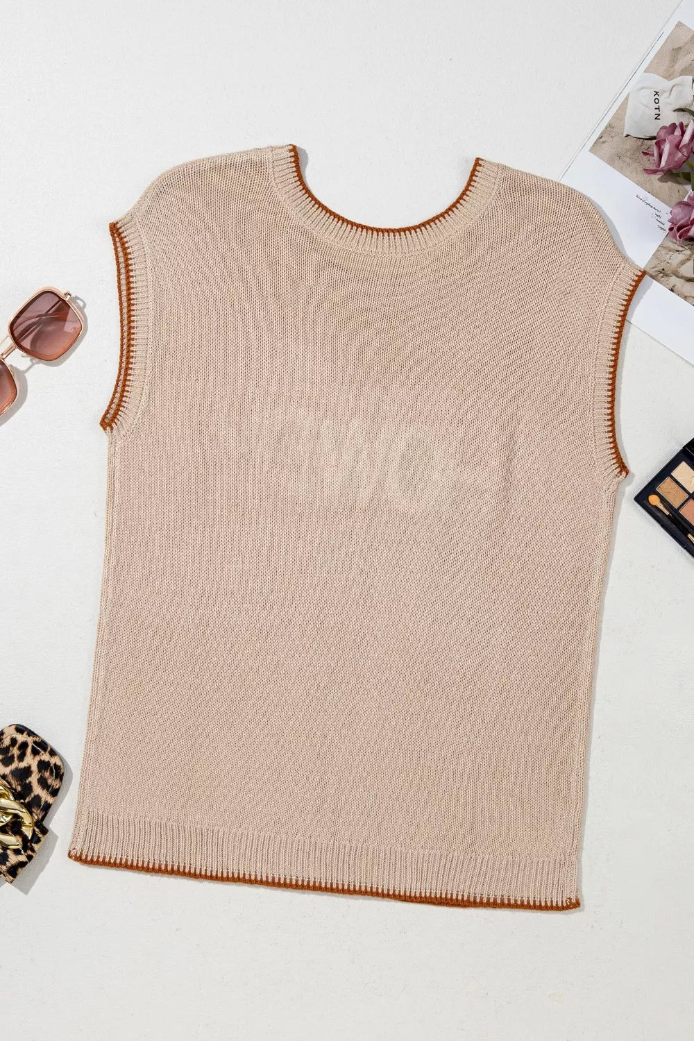 Howdy Textured Knit Sweater Vest in beige with brown trim, crew neck, sleeveless, acrylic knit.