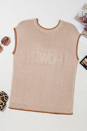 Howdy Textured Knit Sweater Vest in beige with brown trim, crew neck, sleeveless, acrylic knit.