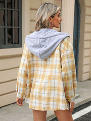 Plaid shacket with contrast grey hood and buttoned cuffs in Pastel Yellow.