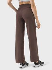 Mocha wide-leg drawstring active trousers with a high waist and relaxed fit.