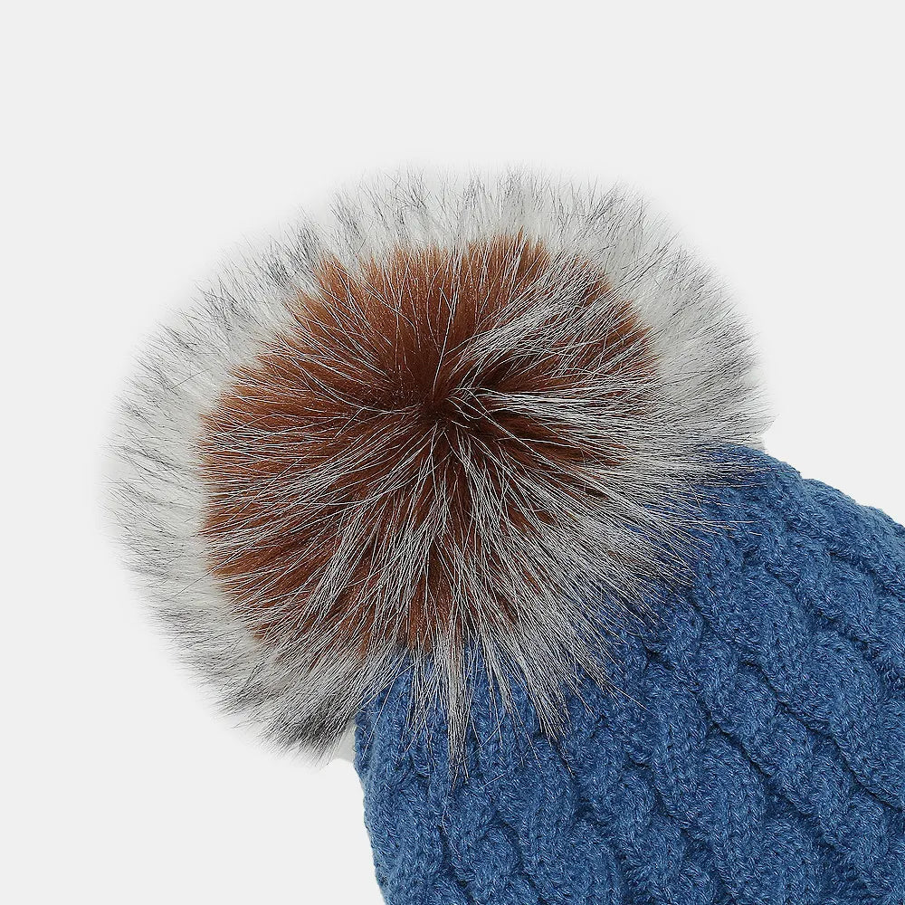 Peacock Blue cable knit acrylic beanie with a multi-color faux fur pompom.