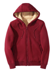 Burgundy sherpa lined zip up hoodie with drawstring hood and front pockets