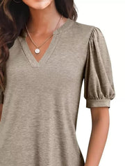 Camel t-shirt with puff sleeves and notched V-neck
