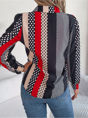 Panelled print collared blouse with polka dots and stripes in black, red, beige, and white.