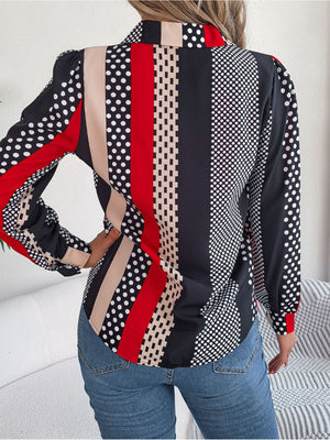 Panelled print collared blouse with polka dots and stripes in black, red, beige, and white.