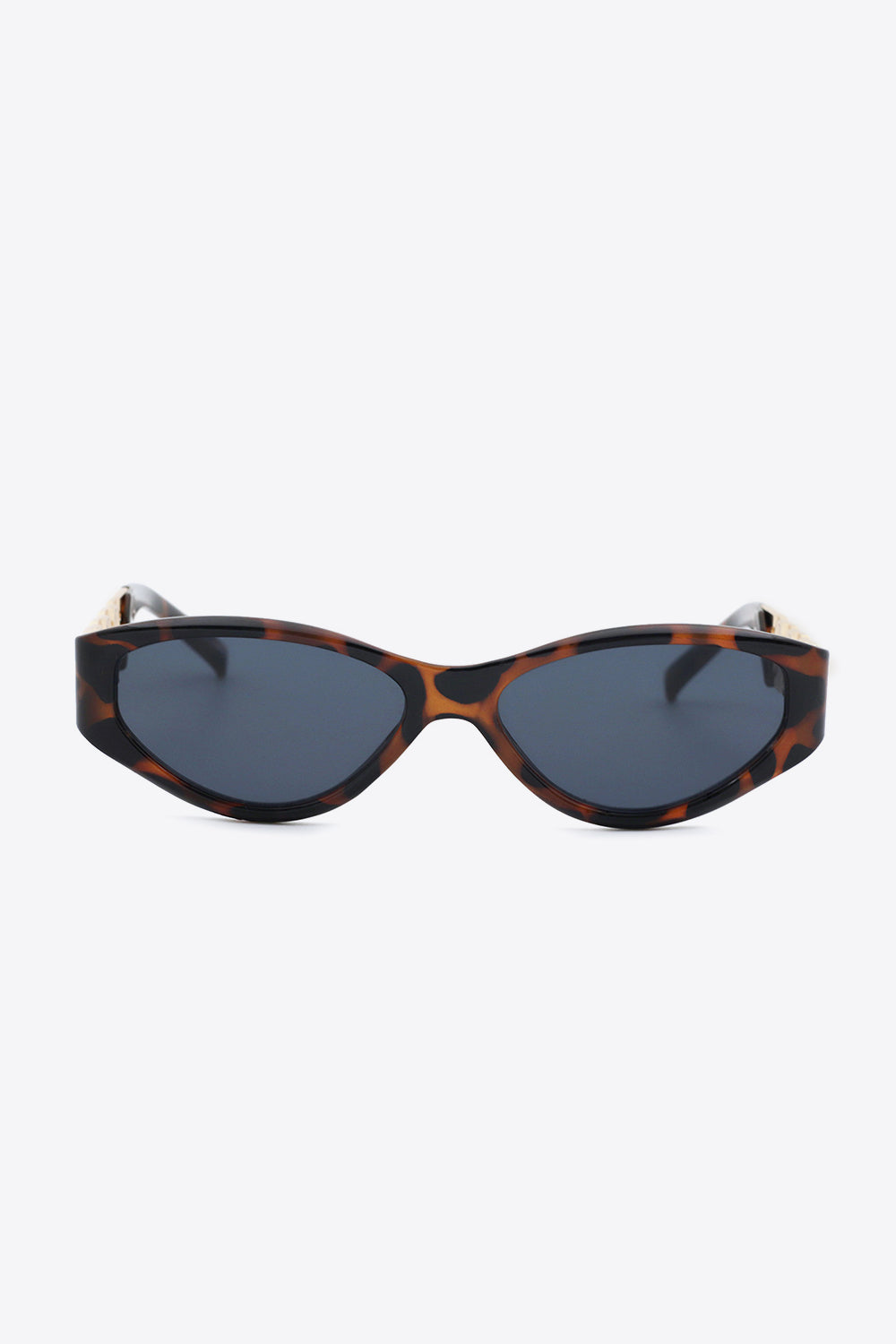 Tortoiseshell cat-eye sunglasses with gold chain detail on the temples.