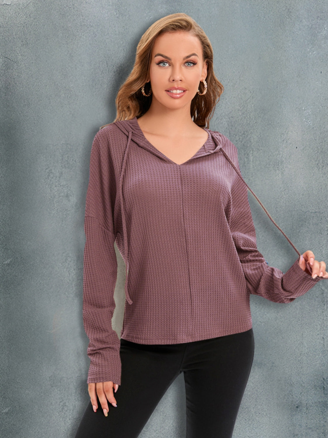 Waffle knit relaxed fit hoodie in Moonlit Mauve with V-neck and drawstring.