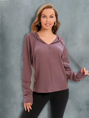 Waffle knit relaxed fit hoodie in Moonlit Mauve with V-neck and drawstring.