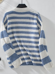 Light blue and white striped crewneck sweater with ribbed knit texture.