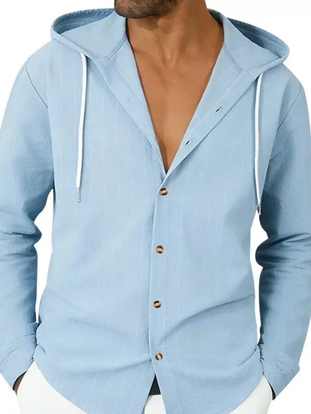 Light blue hooded button-up shirt for men with white drawstrings and subtle vertical stripes.