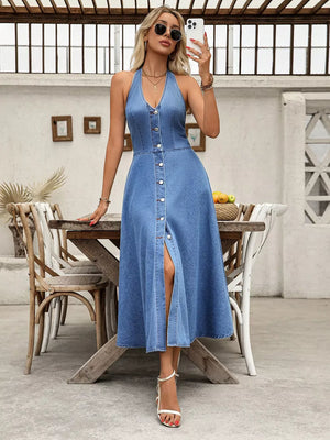 Halter Neck Button-down Denim Dress, side view