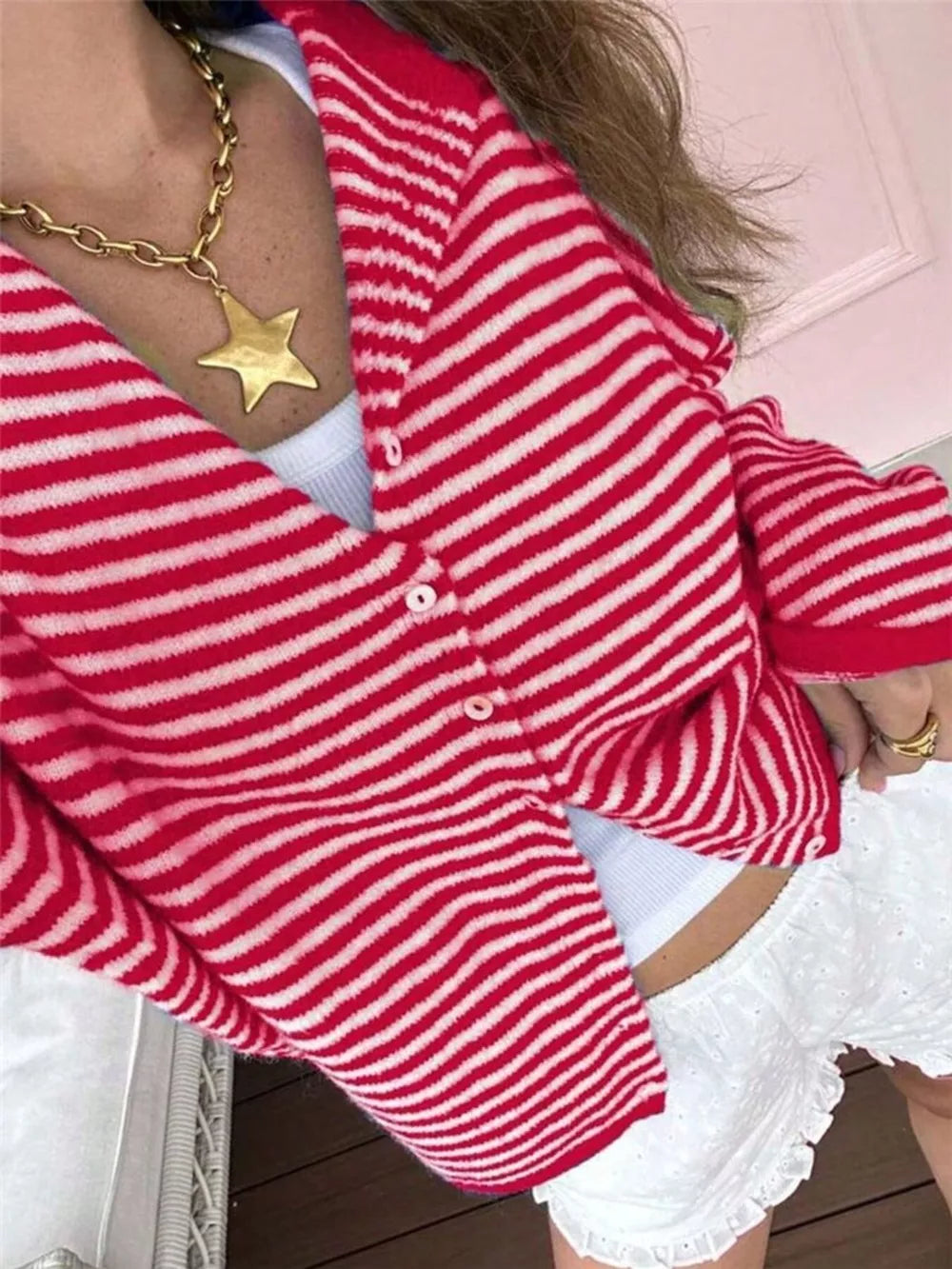 Striped Knit Button Up Cardigan in Khaki, close-up detail
