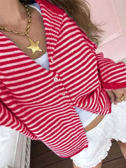Striped Knit Button Up Cardigan in Khaki, close-up detail