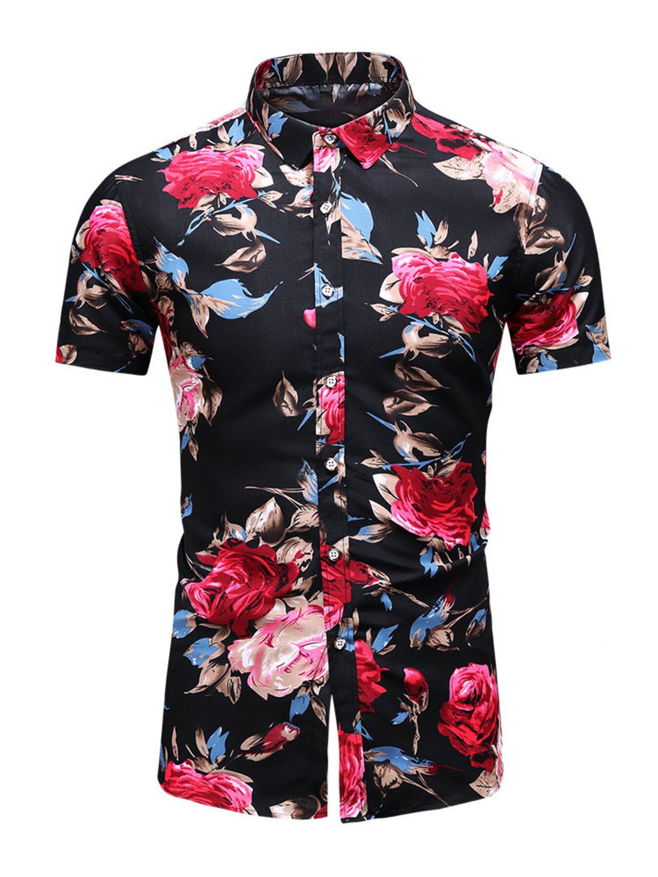 Men's black short sleeve button-up shirt with a bold floral print in red and blue.
