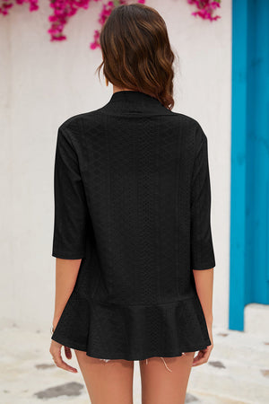 Black perforated ruffle hem cardigan with 3/4 sleeves