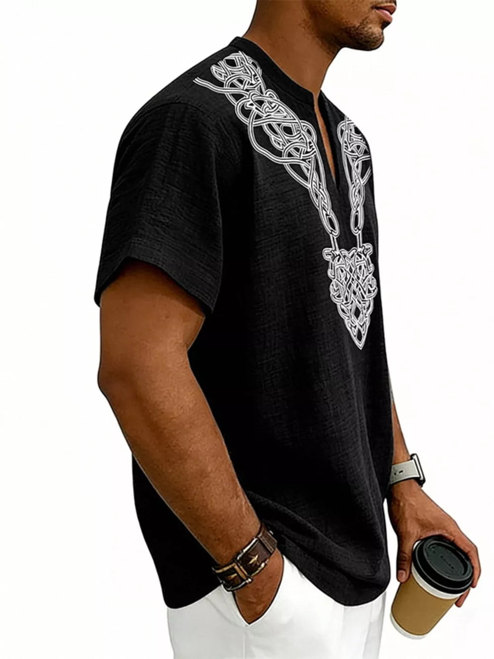 Men's Notched Printed Short Sleeve Shirt Plus Size, model styling view