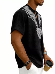 Men's Notched Printed Short Sleeve Shirt Plus Size, model styling view