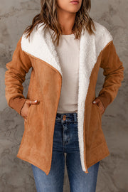 Caramel suede-effect jacket with sherpa collar and cuffs, open front, and pockets.