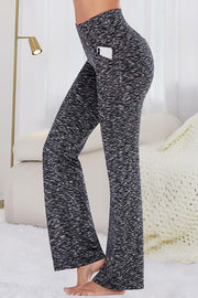 Flare-leg performance trousers in marled gray with side pockets and a phone insert.