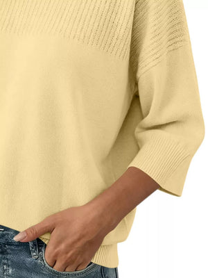 Elegant Crew Neck Eyelet Ribbed Sweater in Pink, fabric detail